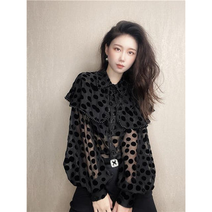 Hollow Sexy Polka Dot Velvet Shirt Women Pearl Cloak Loose Slim Top