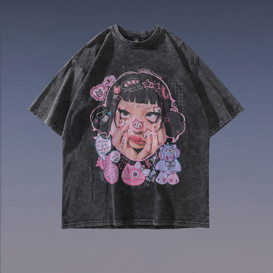 Camiseta de manga corta con estampado de dibujos animados para hombre y mujer, Top holgado de media manga estilo Hip-hop, Retro, lavado antiguo, High Street