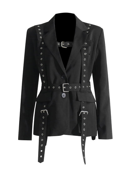 Fashionable Temperament Rivet Buckle Decorative Design Tight Waist Slimming Suit Coat Women's Suit