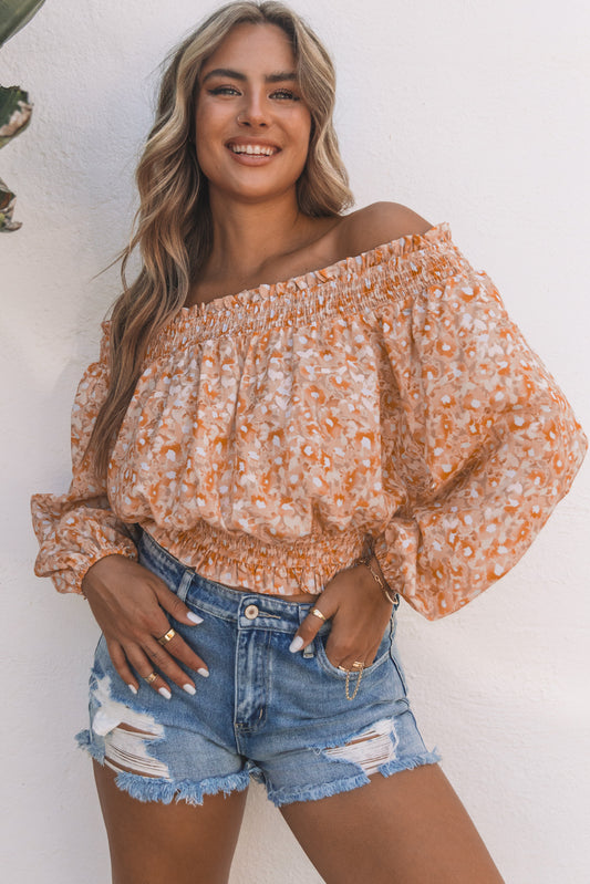 Floral Frill Trim Smocked Off-Shoulder Top