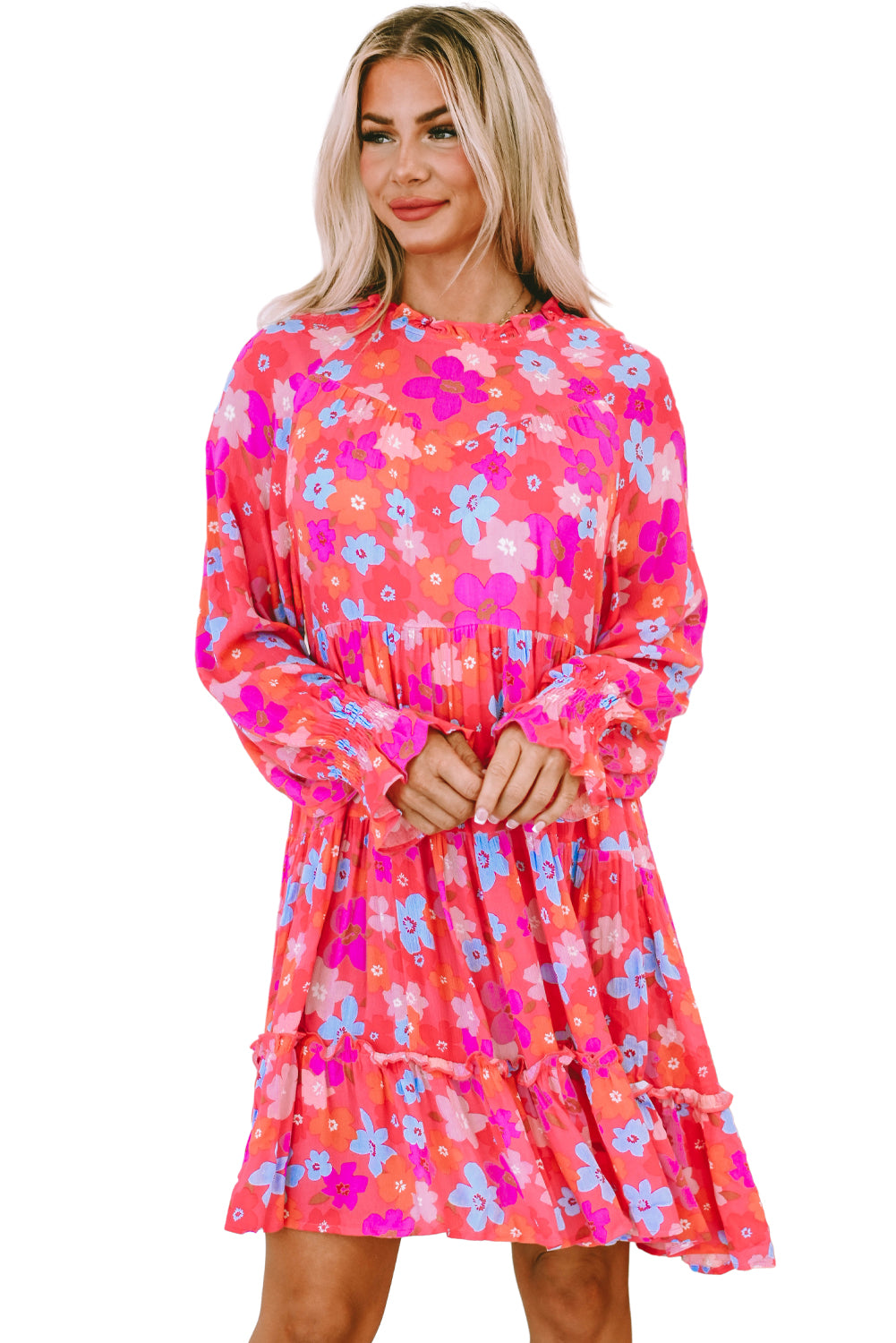 Robe babydoll multicolore à volants et manches bouffantes à fleurs