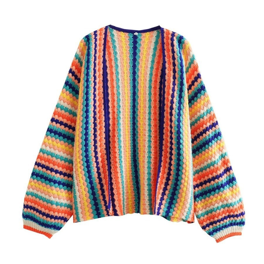 Otoño nuevo Rainbow Bar Cardigan manga larga ancho Songou Meibo suéter abrigo