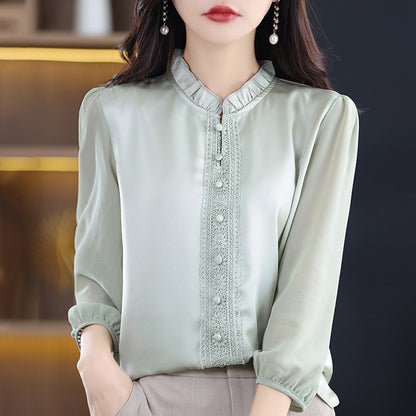 Ruffled Collar Solid Color Three-quarter Length Sleeve Shirt For Women