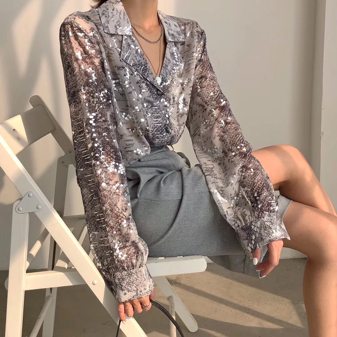 Suit Collar Snake Print Sequined Long-sleeved Top Shirt