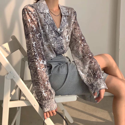 Suit Collar Snake Print Sequined Long-sleeved Top Shirt