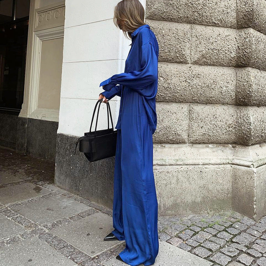 Conjunto de dos piezas de camisa y pantalón azul Dinklein para mujer