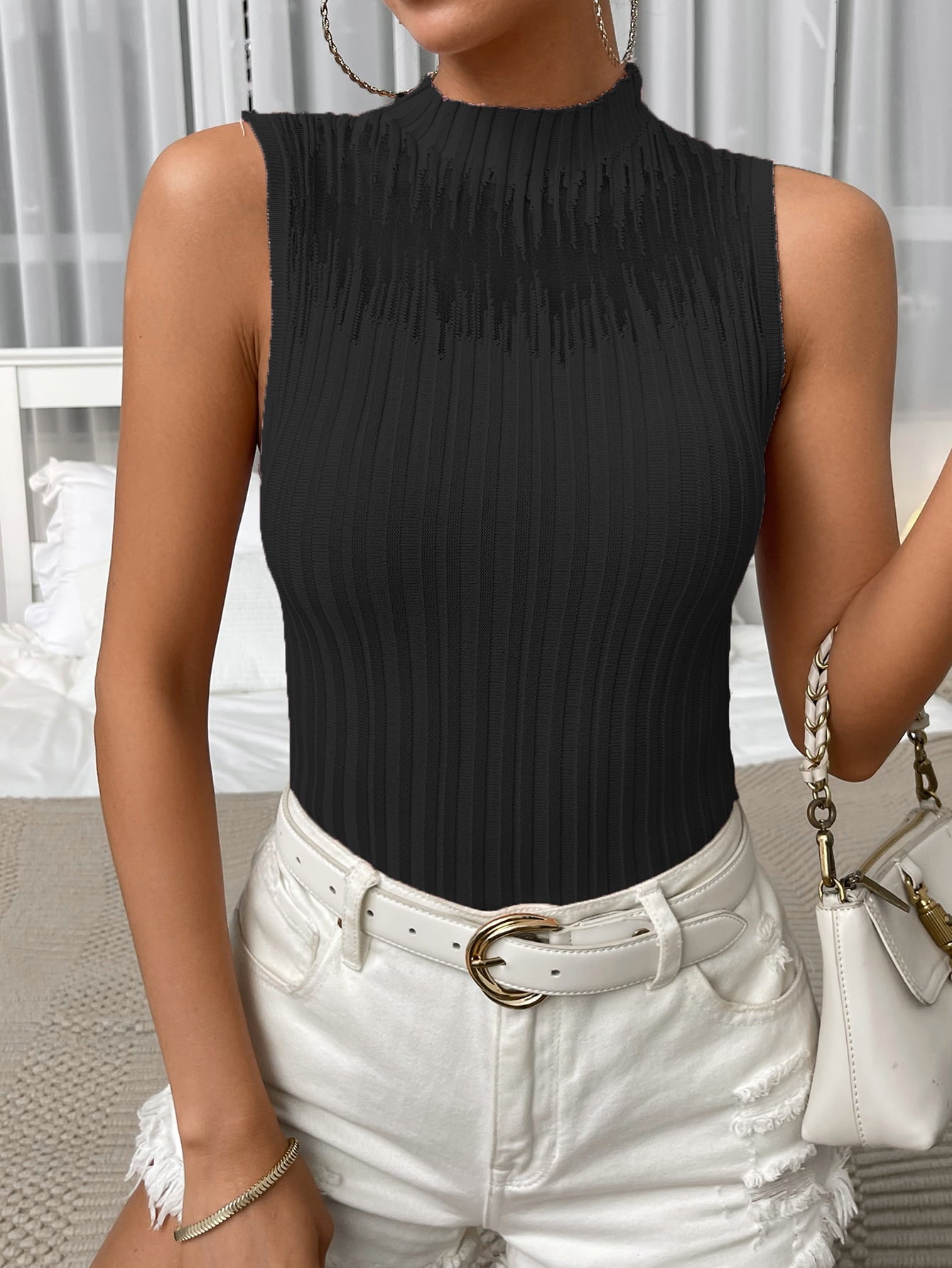 Mock Neck Ribbed Knit Tank