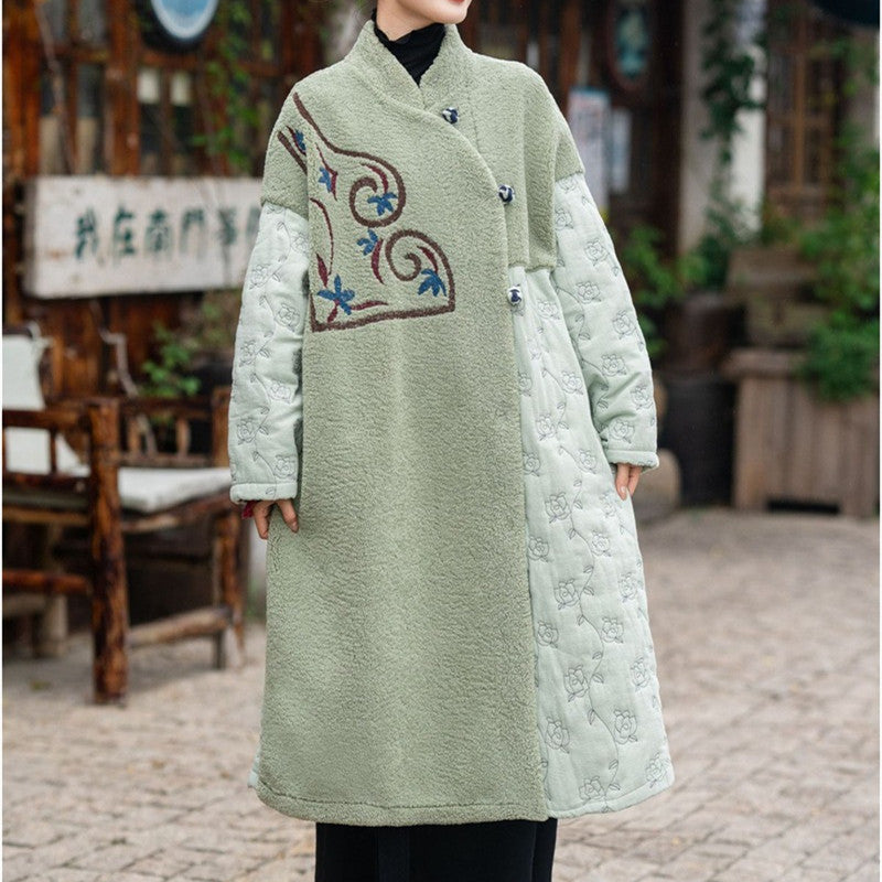 Chinese Style Embroidery Long Thickened Stitching Woman Cotton Dress Coat