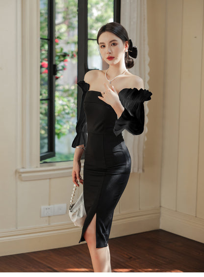 Women's Fashion Temperament Waist-controlled Slimming Puff Sleeve Dress