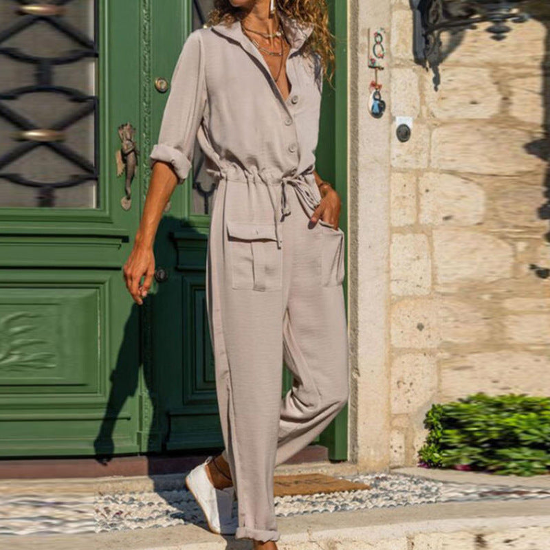 Camisa de dos piezas con pantalones de Color liso con lazos de bolsillo simples a la moda para mujer