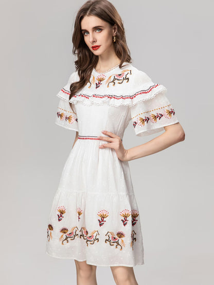 Machine Embroidery Ruffled Stitching Flared Short Sleeve White Short Dress