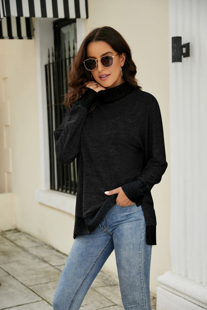 Heathered Slit High-Low Long Sleeve Top