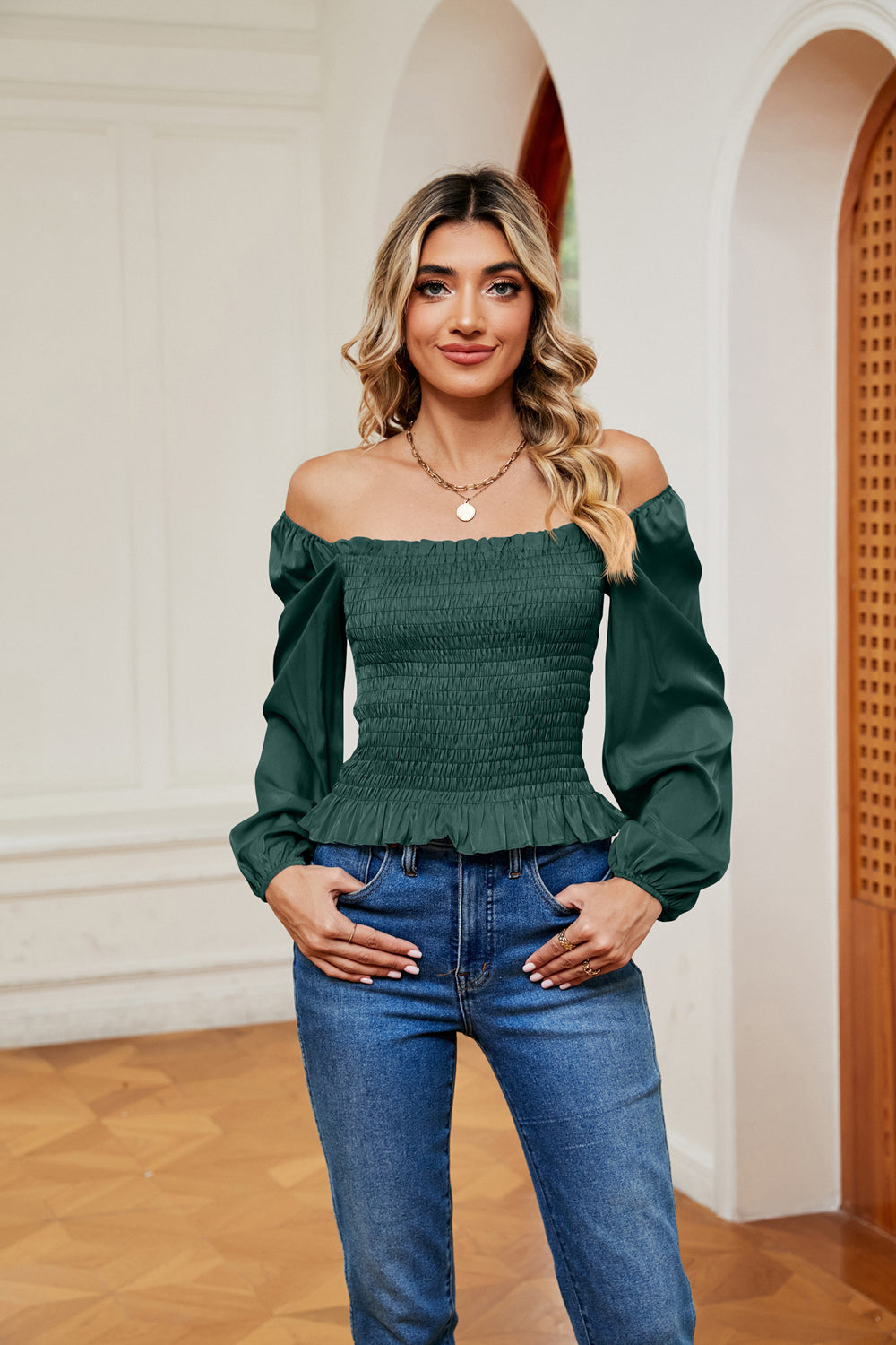 Smocked Off-Shoulder Ruffle Hem Blouse