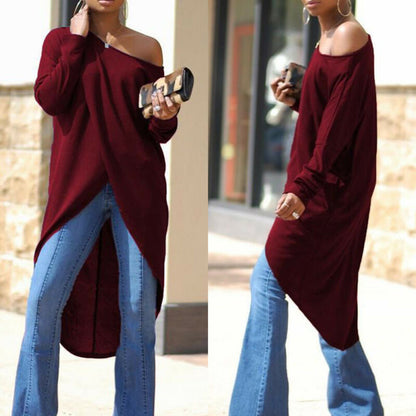 Solid Color Split Irregular Cut Long Tops Tee Shirt Plus Size