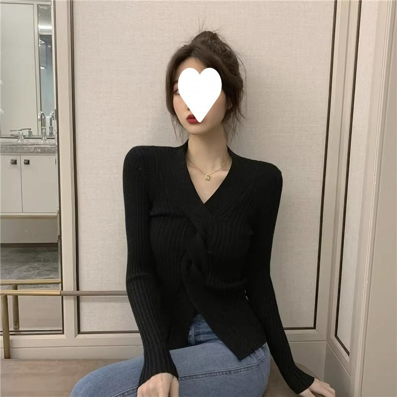 Pull à col en v de Style japonais, haut court à taille ajustée pour femmes