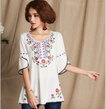 Plus Size Women's Finely Embroidered Cotton And Linen Shirt