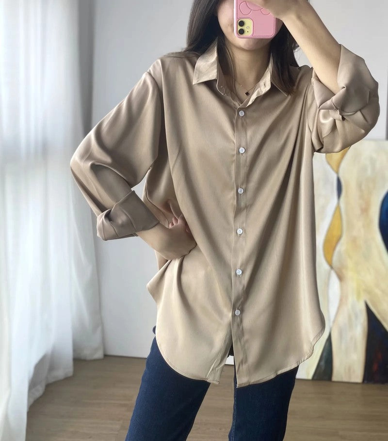 Long New Temperament Drape Silk Satin Loose Shirt