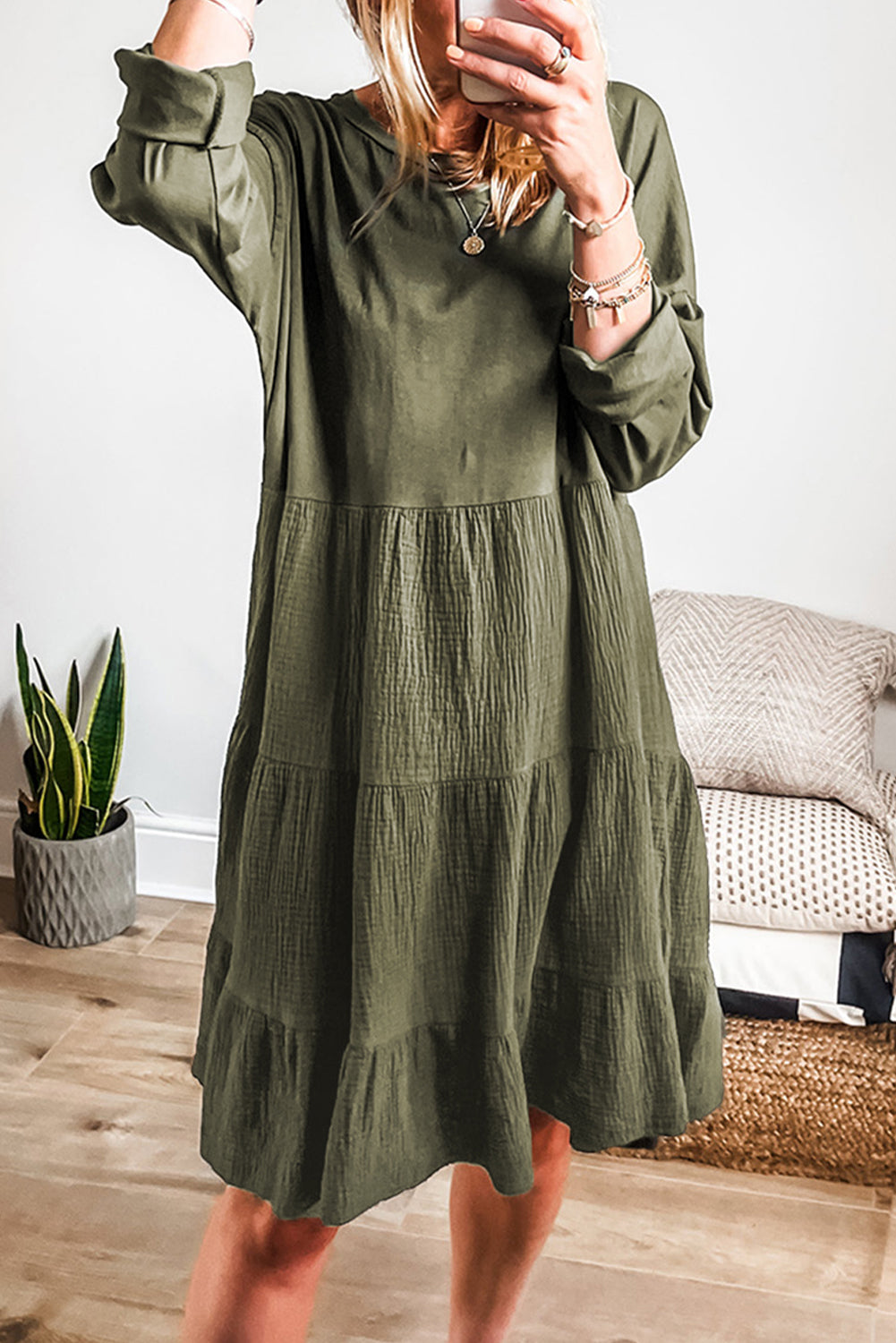 Moss Green Long Sleeve Tiered Crinkled Patchwork Mini Dress