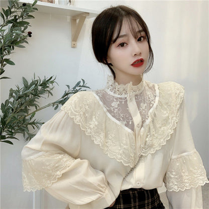 Camisa de encaje vintage francesa Top de manga larga con medio cuello alto