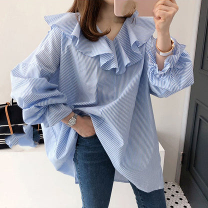 Loose And Thin V-neck Shirt With Ruffled Pullover