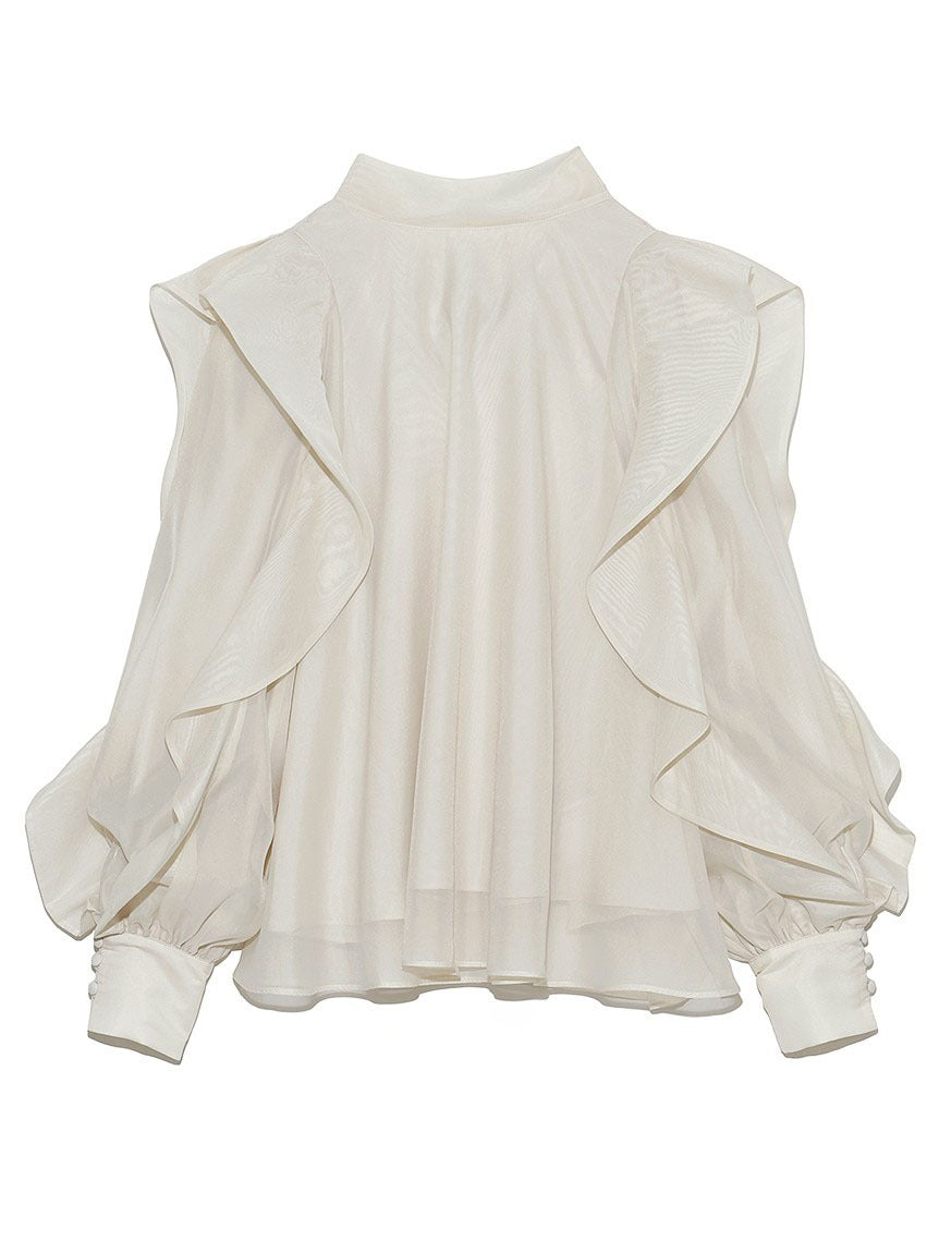 Stand-neck Printed Chiffon Shirt Ruffled Pullover Top