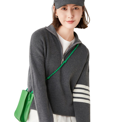 Knit Sweater Women Loose Pullover High Collar 7 Color Block Zipper 7 Coat