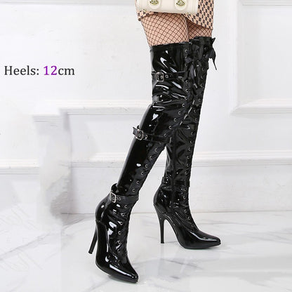 Botas altas con tacón de aguja y hebilla de espejo de 12 cm para mujer