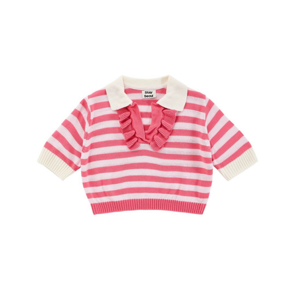 Doll Lapel And Fungus Edge Short Striped Short-sleeved Sweater