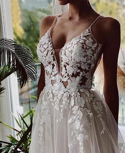 Vestido de novia para mujer con tirantes de encaje sin espalda