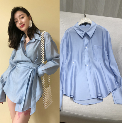 Primavera y verano Hong Kong sabor cuidadoso máquina diosa viento expuesto hombro fuga clavícula camisa