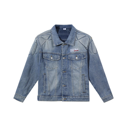 High Street Embroidery Washed And Worn Armor Stitching Denim Jacket Coat