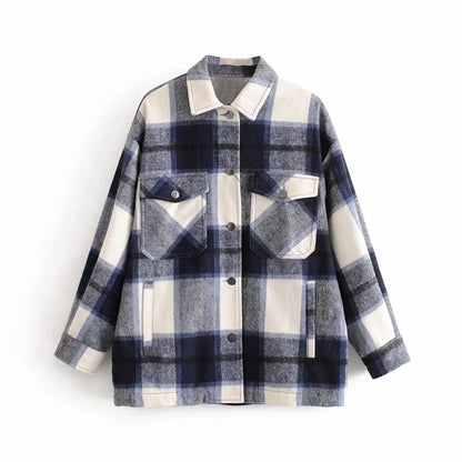 Lazy style lapel classic plaid tweed loose shirt jacket