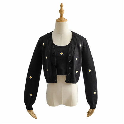 Manteau pull brodé de fleurs + gilet court assorti, vêtements deux pièces pour femmes