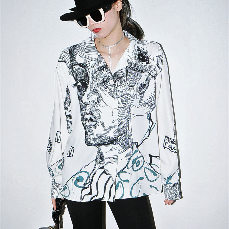 Women's face printed loose chiffon shirt