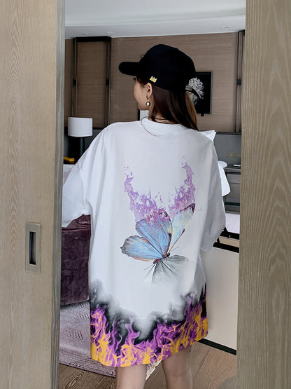 Mid-length butterfly print short sleeve