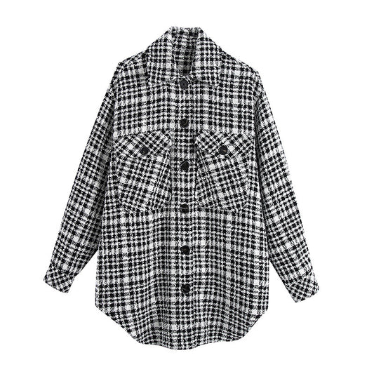 Manteau chemise à carreaux noir et blanc pour femme, haut coupe-vent léger et mature, européen et américain, automne et hiver