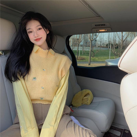 Shirt Knitted Vest Two-piece Women's Spring And Autumn Outer Wear