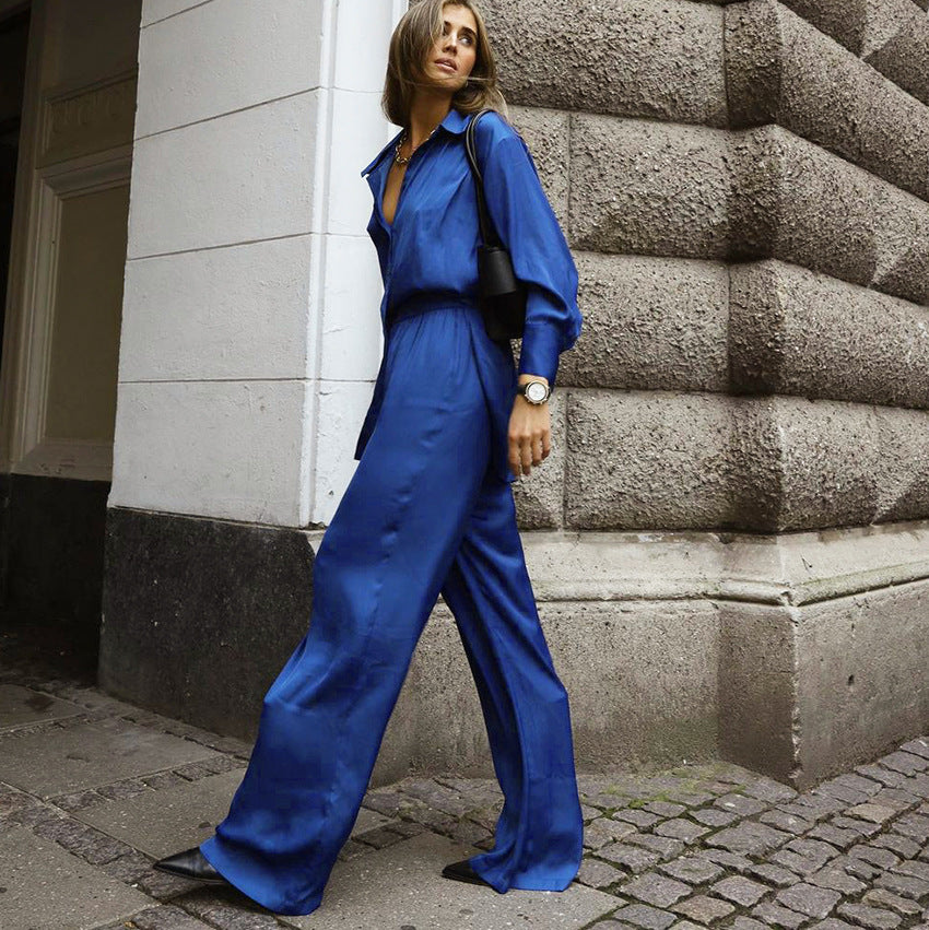 Conjunto de dos piezas de camisa y pantalón azul Dinklein para mujer