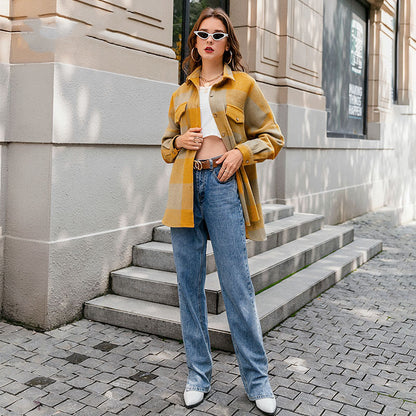 Manteau long à carreaux en laine rouge pour femmes, avec poche