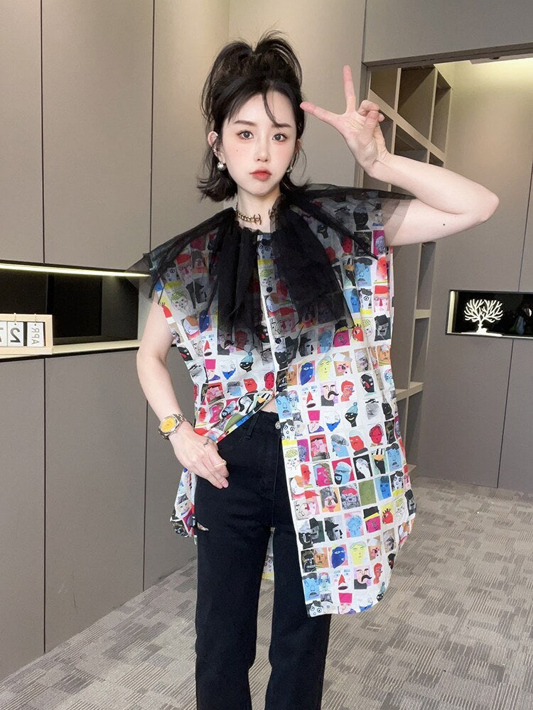 New Mid-length Cartoon Printed Mesh Patchwork Top