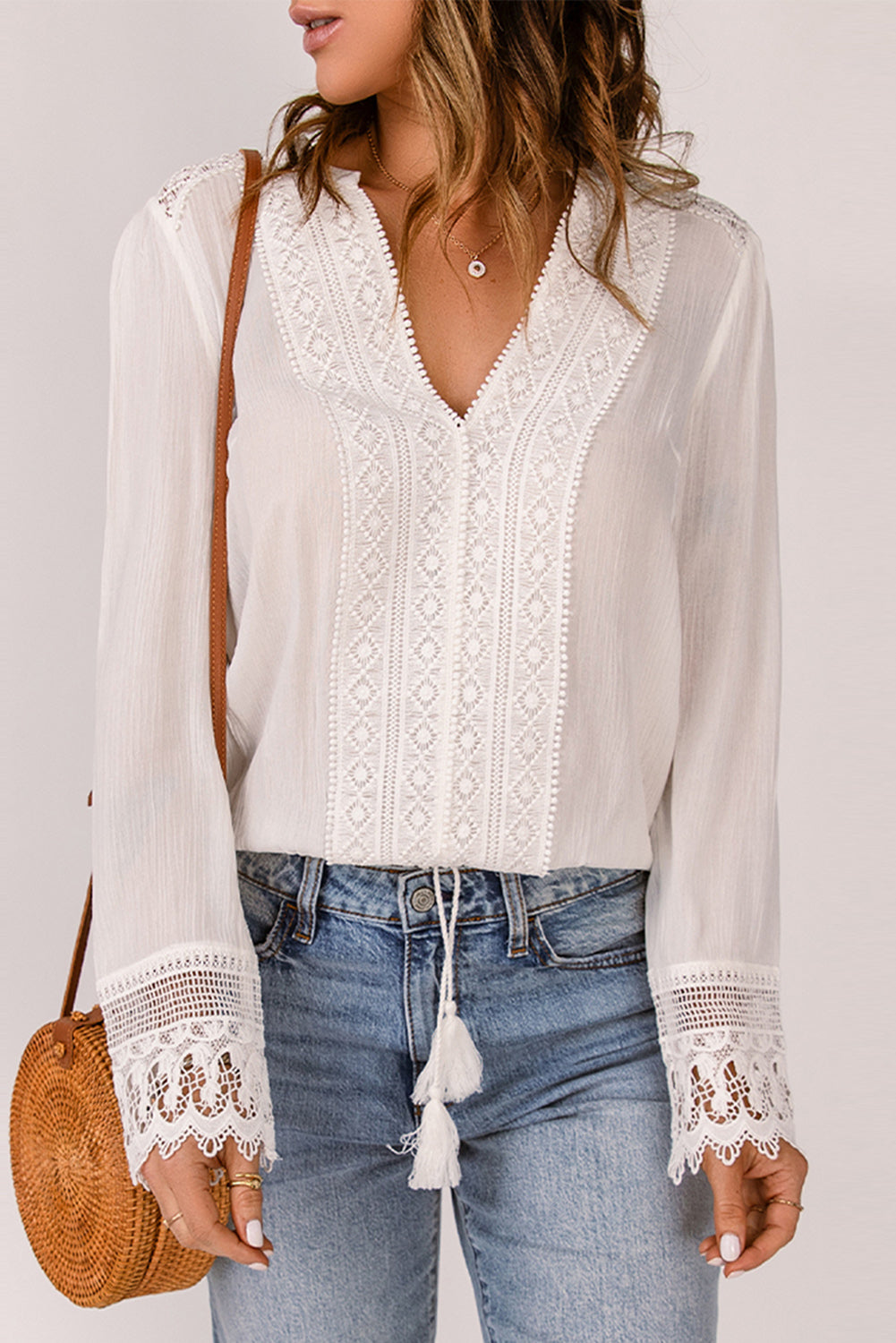 Spliced Lace V-Neck Long Sleeve Blouse