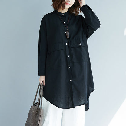 Solid Color Cotton And Linen Mid-Length Shirt