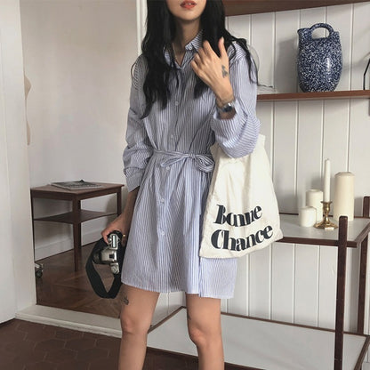 Korean Style Striped Shirt Dress Female Design Sense