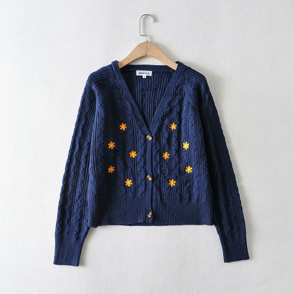 Women's Flower Embroidery Knitted Twist Cardigan