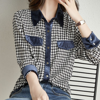 Patchwork Check Vintage Long Sleeve Lapel Shirt