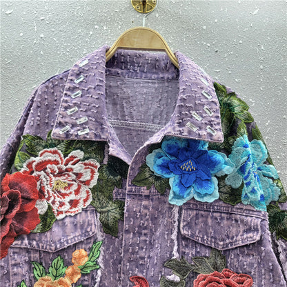 Design Sense Heavy Industry Three-dimensional Flower Short Frayed Hem Casual Denim Coat