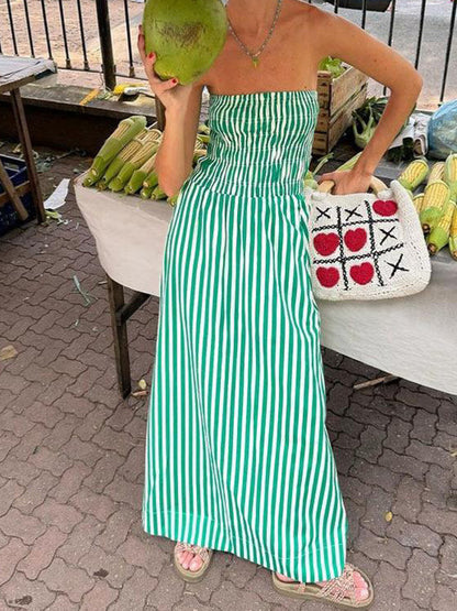 Striped Strapless Dress Pleated High Waist