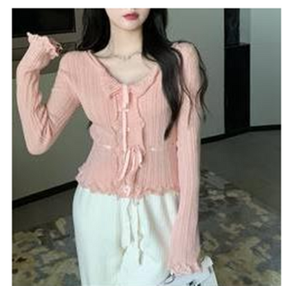 Pure Desire Wind Ruffled Slim Knitted Bottoming Shirt Women's Spring Waist