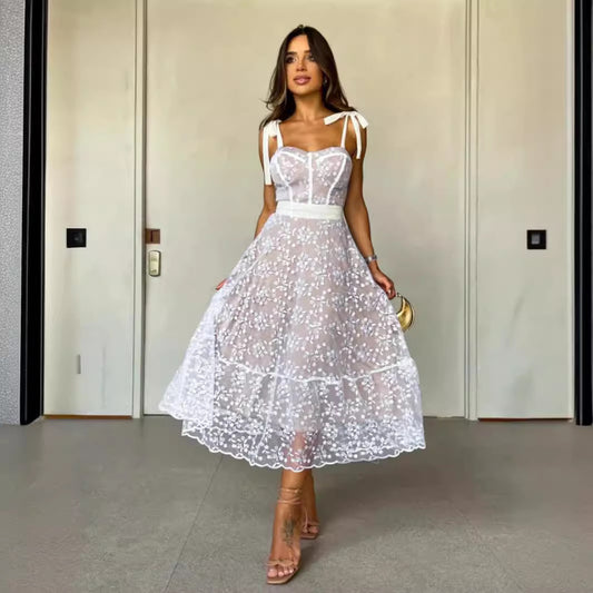 Vestido de cintura alta con tirantes sexy con estampado de color sólido para mujer