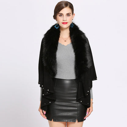 Women's Fashion Fur Collar Beaded Double Layer Inverness